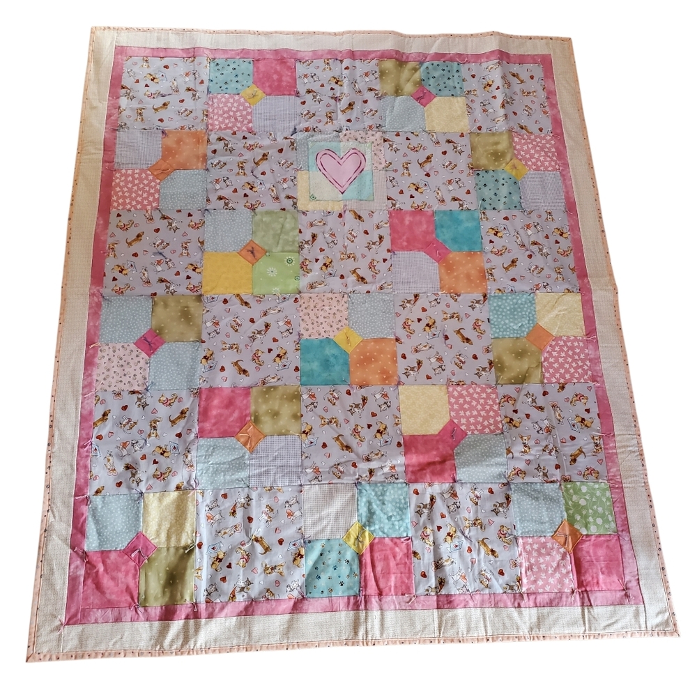 Handmade Heart Dogs Valentines Quilt Crib Lap Blanket 46x54